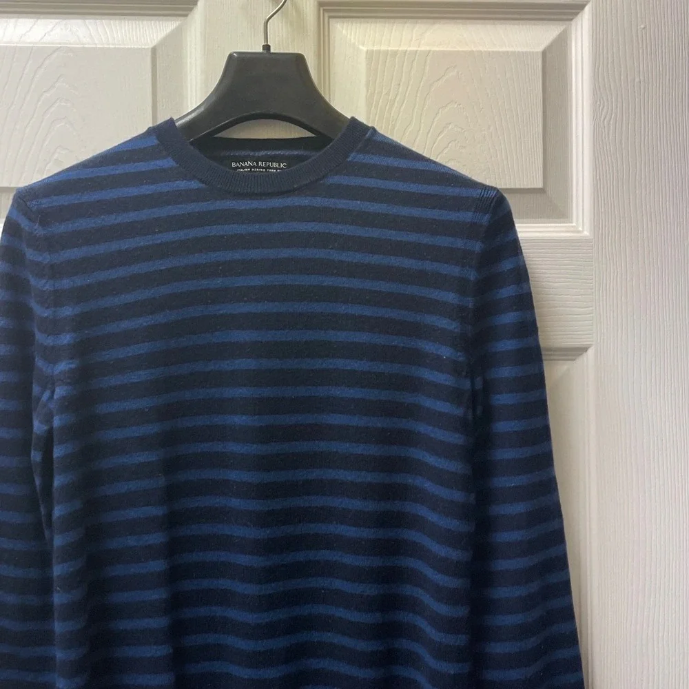 Banana Republic Baruffa Sweater Medium Blue Stripe Italian Merino Wool Crew Neck